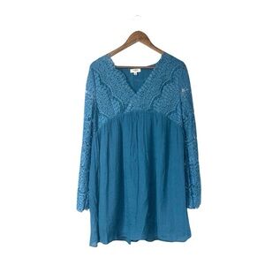 Umgee Teal Blue Green Lace Long Sleeve Mini Dress V-Neck Boho Bohemian Medium